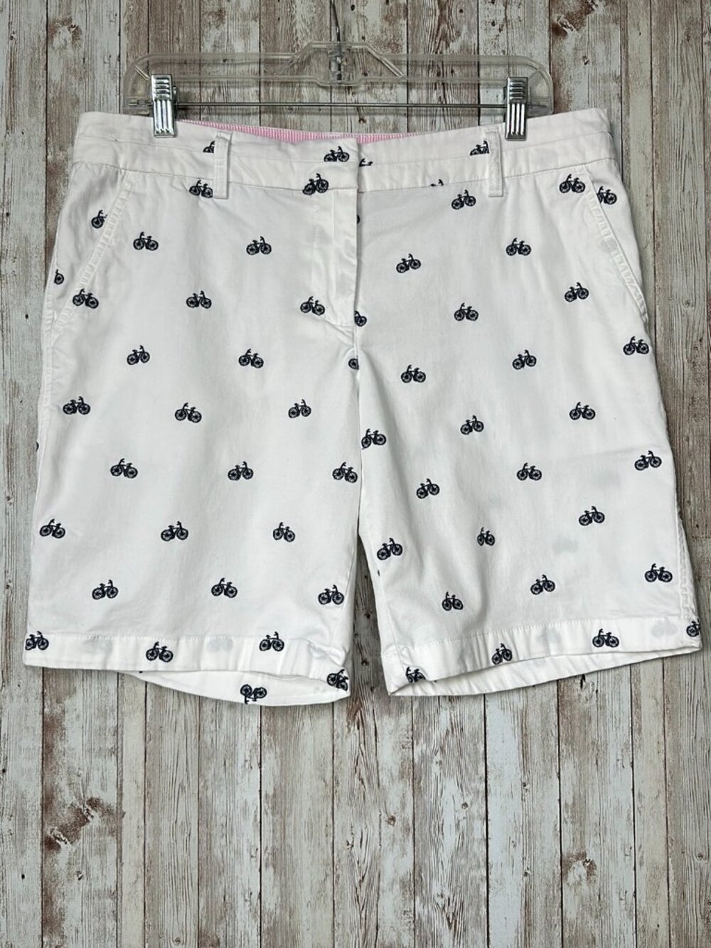 British Khaki Cotton Bermuda Shorts Bicycle Embroidery Pockets White Black sz 10